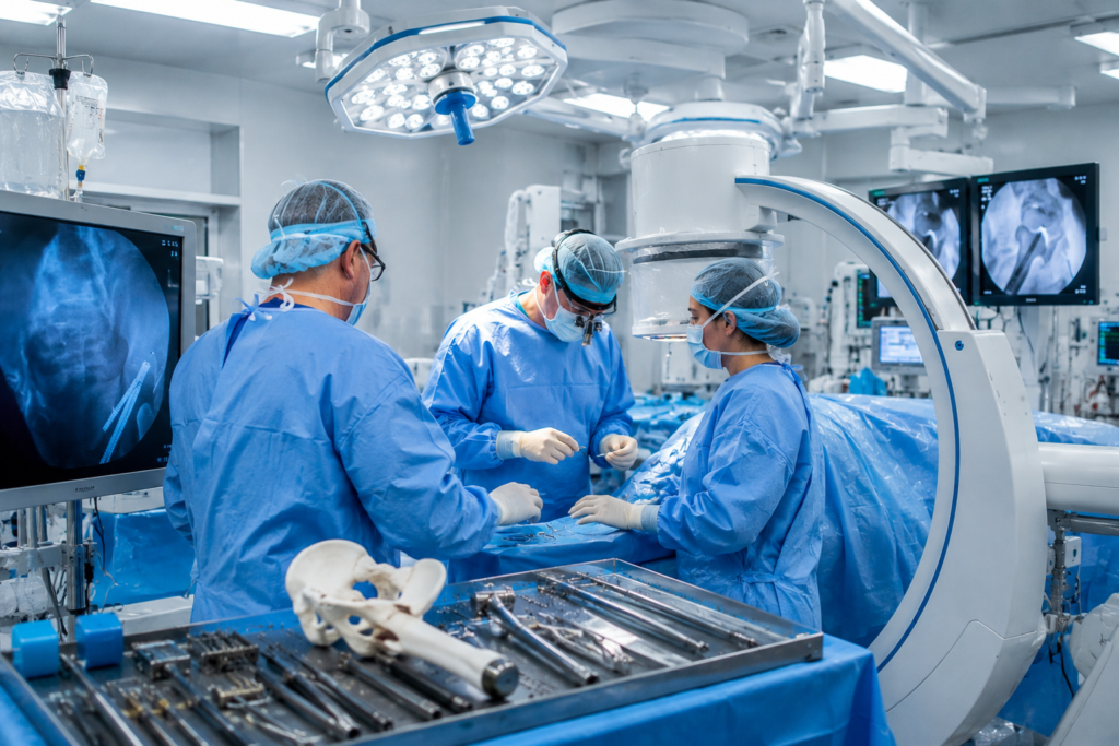 Equipo de cirugía ortopédica realizando un procedimiento avanzado de fijación de cadera en un moderno quirófano con tecnología de última generación.